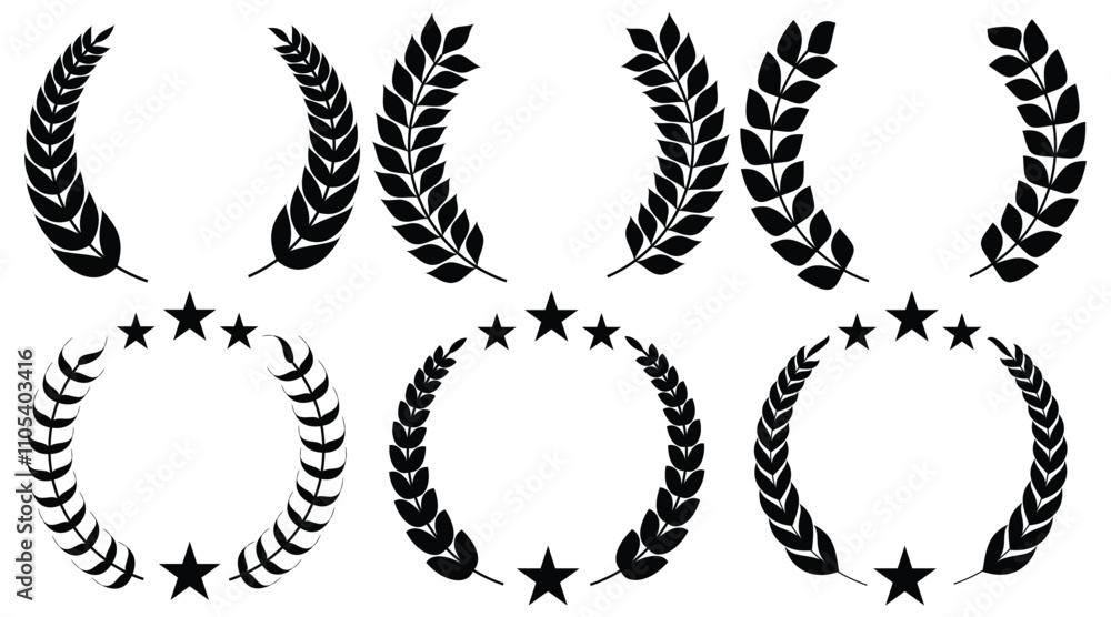 Set of circular laurel wreath. Emblem floral Greek branch of oak leaves, eucalyptus leaf, Wheat, winner award, champion medal, swirls, twigs and flower ornaments vector. Set of circular laurel wreath. Emblem floral Greek branch of oak leaves, eucalyptus leaf, Wheat, winner award, champion medal, swirls, twigs and flower ornaments vector.
