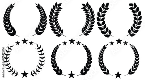Set of circular laurel wreath. Emblem floral Greek branch of oak leaves, eucalyptus leaf, Wheat, winner award, champion medal, swirls, twigs and flower ornaments vector.