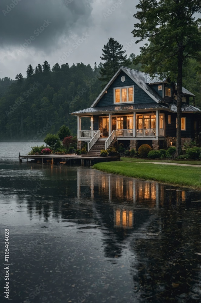 Lake house landscape under rainy weather Lake house landscape under rainy weather