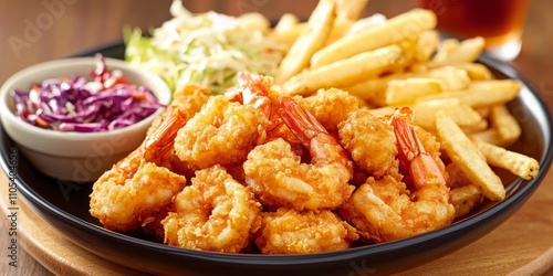 A delicious fried shrimp dinner featuring crispy fried shrimp, paired perfectly with golden french fries, fresh coleslaw, and a flavorful sauce for a delightful meal experience.