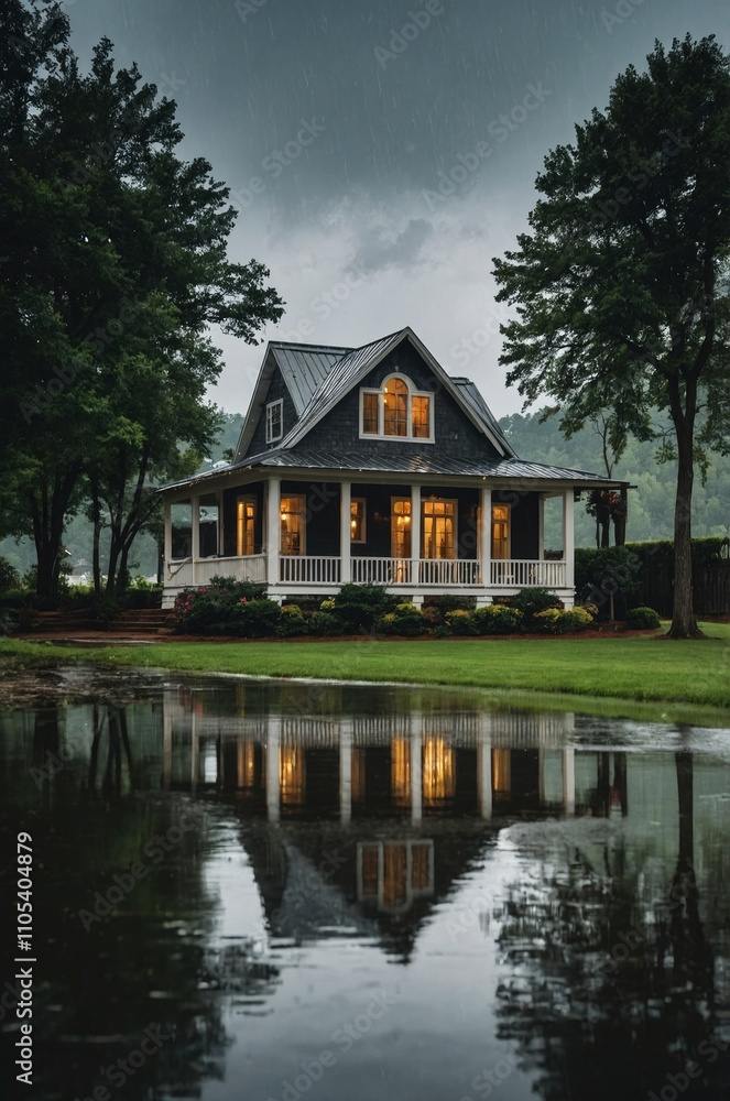 Lake house landscape under rainy weather Lake house landscape under rainy weather