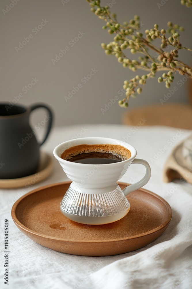 Cozy coffee setup with ceramic cup on wooden tray Cozy coffee setup with ceramic cup on wooden tray