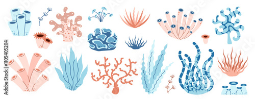 Set of seaweed, coral, reef, algae, sea plants. Ocean underwater theme. Flat vector illustration