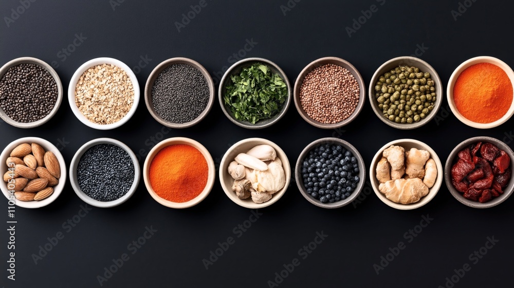 Assorted bowls of dried ingredients including seeds, nuts, spices, herbs, and dried fruits arranged neatly on a dark surface. Assorted bowls of dried ingredients including seeds, nuts, spices, herbs, and dried fruits arranged neatly on a dark surface.