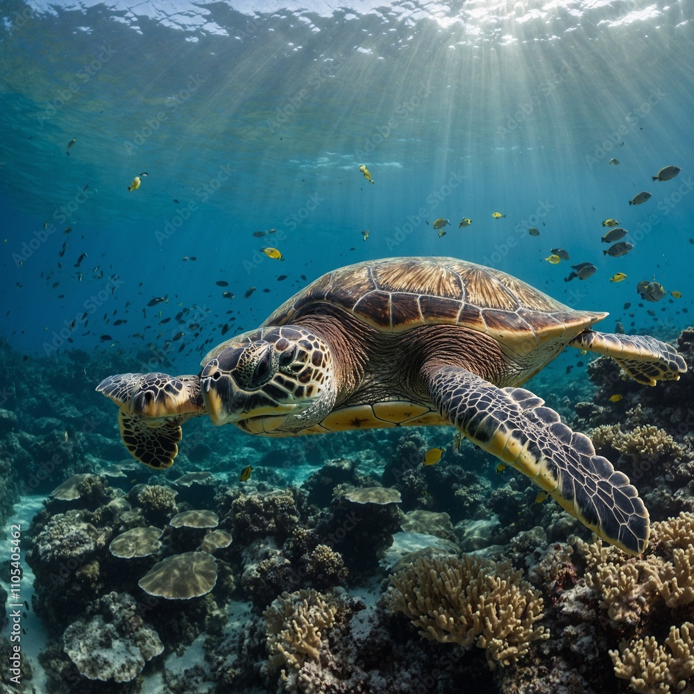 Obraz premium A sea turtle swimming through a coral reef shaped like human faces.