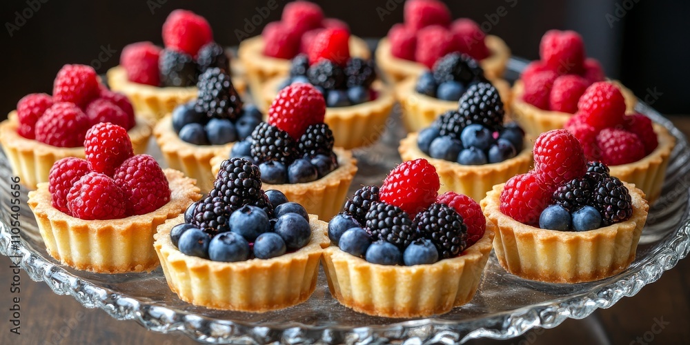A delightful display of nine vibrant fruit tarts featuring fresh blueberries, raspberries, strawberries, and black raspberries, beautifully arranged on a glass plate for an appetizing presentation. A delightful display of nine vibrant fruit tarts featuring fresh blueberries, raspberries, strawberries, and black raspberries, beautifully arranged on a glass plate for an appetizing presentation.