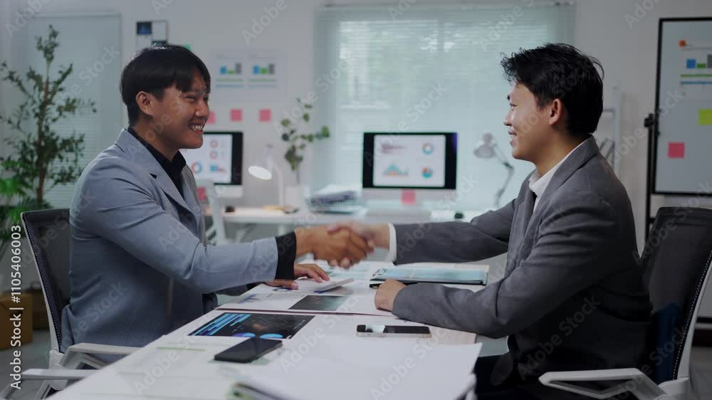Two businessmen shaking hands celebrate a successful meeting in a modern office environment Two businessmen shaking hands celebrate a successful meeting in a modern office environment