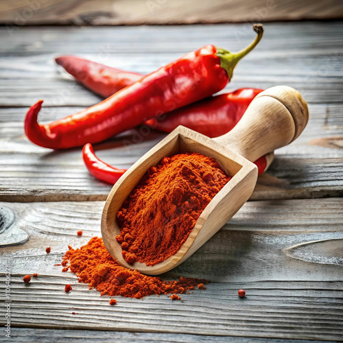 Chili powder placed in a small bowl, surrounded by whole red peppers and a piece of wood,