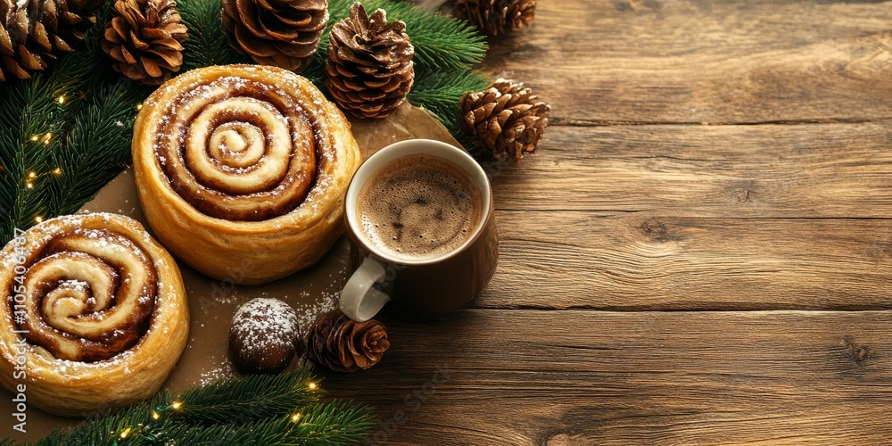 Fototapeta premium Delightful Christmas sweet rolls paired with coffee, set against a warm brown wooden background that enhances the festive Christmas atmosphere. Experience the joy of Christmas sweet rolls.