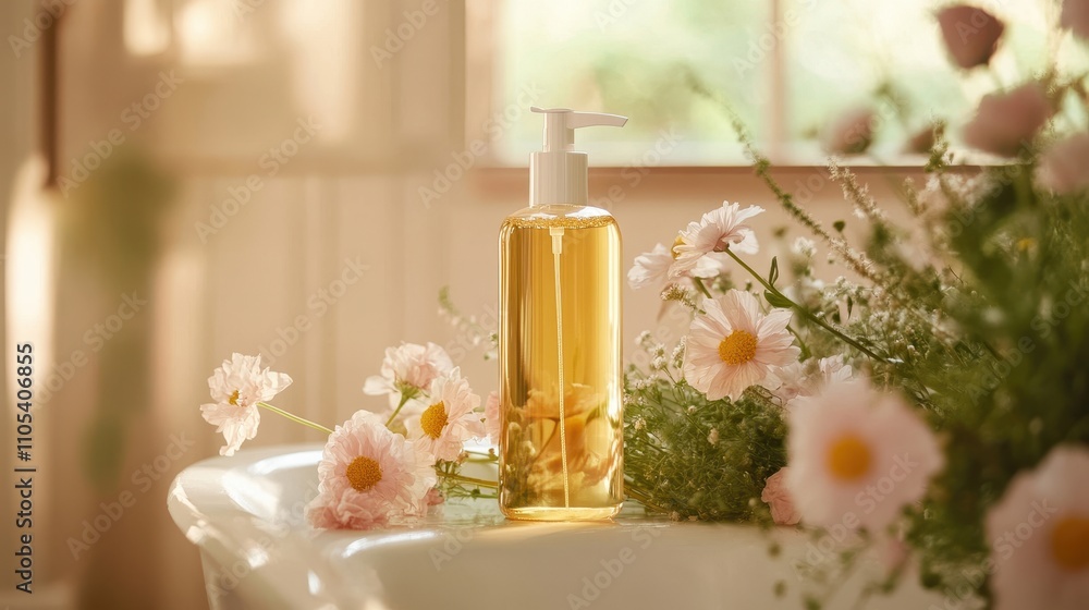 Aromatic Bottle of Shampoo Surrounded by Flowers Aromatic Bottle of Shampoo Surrounded by Flowers
