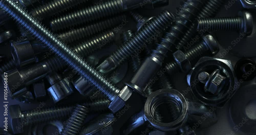 Close-Up of Metallic Screws and Bolts in Blue Light Close-Up of Metallic Screws and Bolts in Blue Light