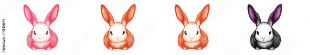 Obraz premium four cute rabbits. each with a different color fur the first one is pink. the second one is orange. the third one is red and the last one is black all rabbits have white fur on their face