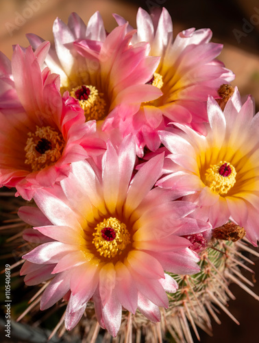 Close-up of pink and yellow cactus flowers. photo