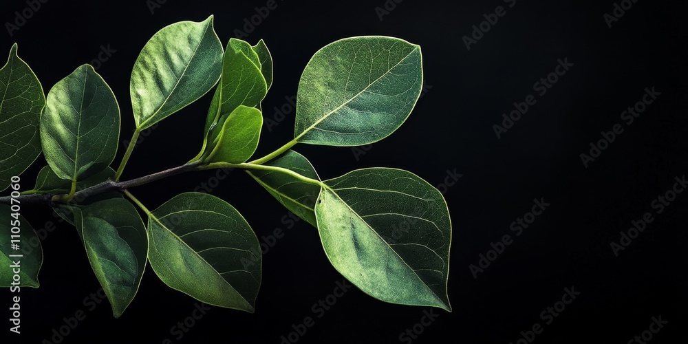 Obraz premium Fresh leaves displayed against a black background create a striking contrast, highlighting the beauty and details of fresh leaves in a minimalist setting. Fresh leaves bring a natural touch to your