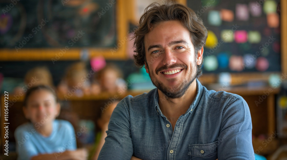 Naklejka premium Teacher. Portrait of a happy handsome male teacher in the classroom