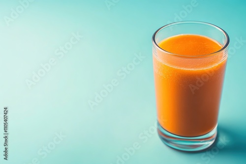 Fresh orange carrot juice in glass on blue backdrop