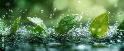 dynamic splash of green herbal tea captured midwave with floating tea leaves illustrating freshness and vitality set against a clean background for a refreshing and lively effect