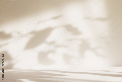 Abstract beige color gradient studio background for product presentation. Empty room with shadows of window and flowers and plant leaves . 3d ivory room with copy space. Blurred backdrop.