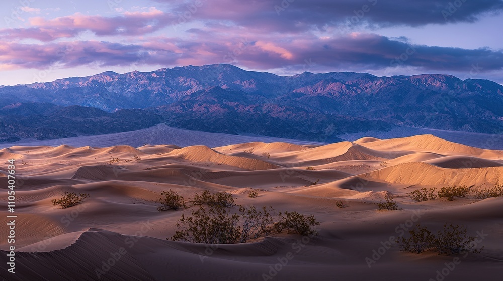 Naklejka premium Stunning desert landscape at sunset with rolling sand dunes and mountains