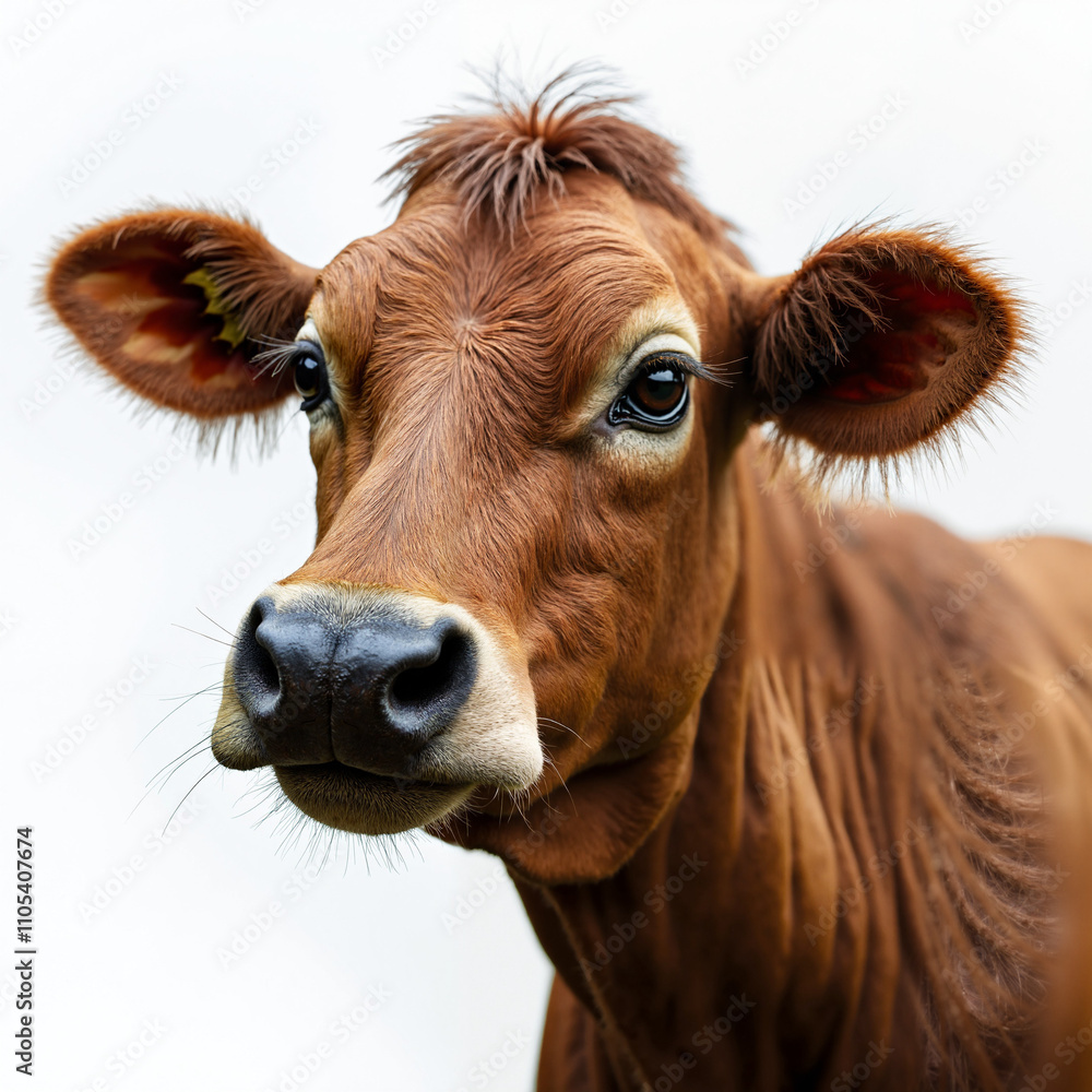 photograph, close-up, brown cow, detailed fur, black nose, white background, realistic texture, animal portrait, studio lighting, animal photography. photograph, close-up, brown cow, detailed fur, black nose, white background, realistic texture, animal portrait, studio lighting, animal photography.