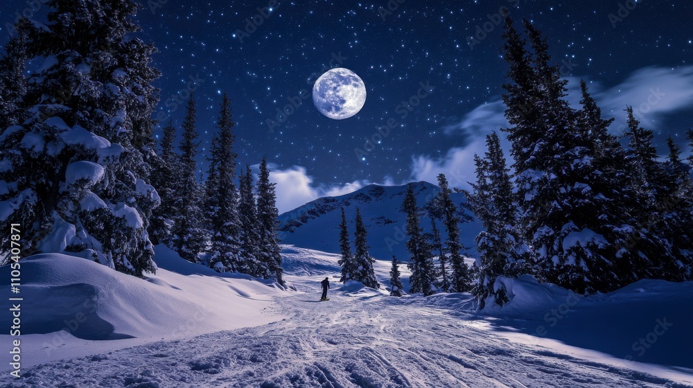 Majestic Snowy Landscape Under Full Moonlight with Starry Sky, Perfect for Winter Adventure and Outdoor Activity Imagery in a Serene Nature Setting Majestic Snowy Landscape Under Full Moonlight with Starry Sky, Perfect for Winter Adventure and Outdoor Activity Imagery in a Serene Nature Setting