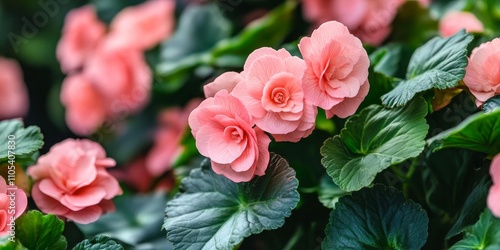 Fototapeta Naklejka Na Ścianę i Meble -  Vibrant pink begonias bloom amidst lush green leaves, showcasing the beauty of indoor plants. The stunning pink flowers of begonias thrive beautifully in an indoor setting, perfect for plant lovers.