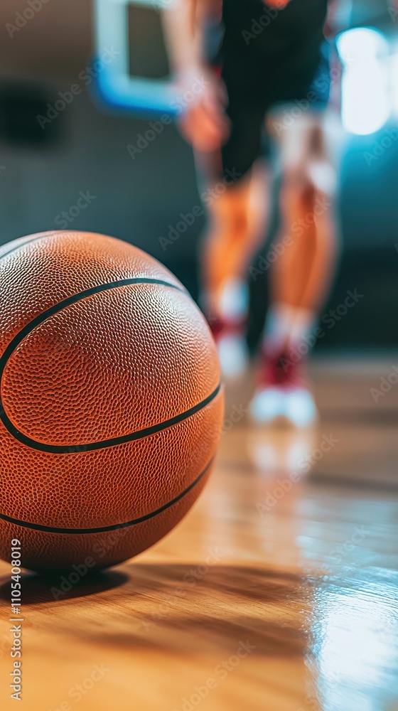 Close up of Basketball on Court Intense Game Action Blurred Background Close up of Basketball on Court Intense Game Action Blurred Background