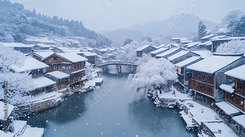 A serene winter scene of a snow-covered village by a river, showcasing traditional architecture.