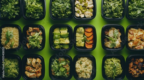 Meal prep boxes filled with healthy meals, neatly arranged on a table, with a vibrant green background symbolizing preparation photo