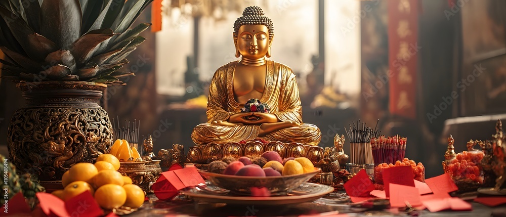 A serene Buddha statue surrounded by offerings of fruits and traditional items, symbolizing peace and spirituality in a vibrant temple setting. A serene Buddha statue surrounded by offerings of fruits and traditional items, symbolizing peace and spirituality in a vibrant temple setting.