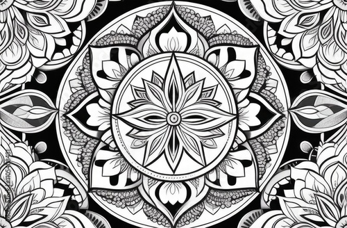 A detailed black and white mandala featuring a bold star-like centerpiece surrounded by floral patterns, geometric shapes, and intricate linework on a dark background for contrast photo