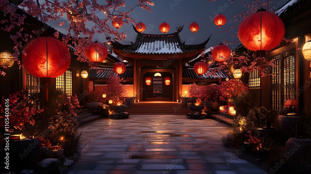 Fototapeta premium A serene evening scene featuring a traditional architecture courtyard adorned with glowing lanterns and cherry blossoms, creating an enchanting atmosphere full of cultural signific