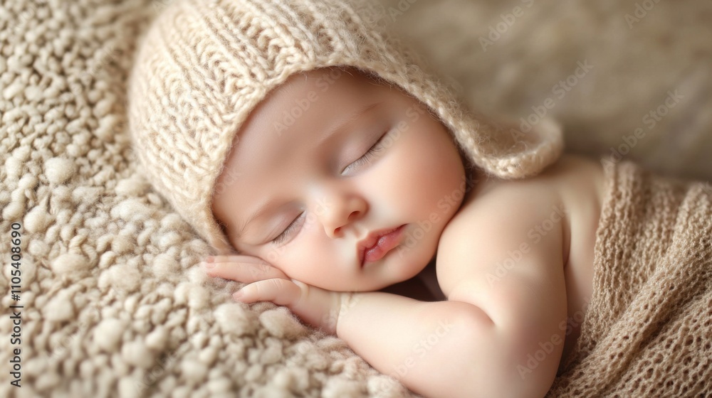 Sleeping baby wrapped in cozy knit blanket with soft details, peaceful expression, and cute hat, perfect portrayal of innocence and tranquility in early childhood Sleeping baby wrapped in cozy knit blanket with soft details, peaceful expression, and cute hat, perfect portrayal of innocence and tranquility in early childhood