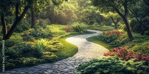 Serene footpath winding through a lush garden, ideal for a peaceful walk, inviting individuals to enjoy the beauty of nature along the footpath while reflecting on their surroundings.