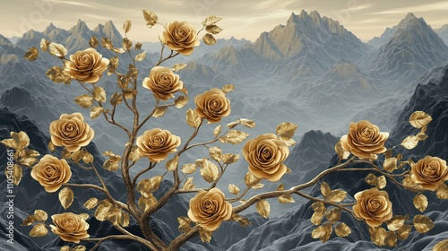 Golden roses bloom on branches against backdrop of majestic mountains. 3D floral design. Elegant, sophisticated aesthetic. Luxury, nature theme. Ideal for wall decor. Wallpaper design. Rose pattern.