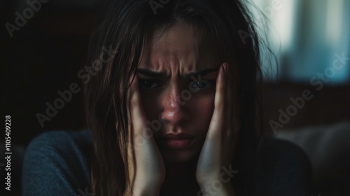 Young Woman with Frustrated Expression Holding Her Head in a Dimly Lit Room, Conveying Emotions of Stress and Anxiety in an Intimate Setting