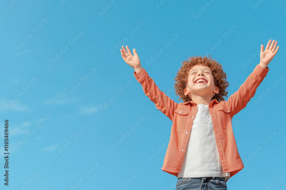 Joyful boy with arms raised in summer sun, vibrant colors, playful atmosphere, inviting space for text, cheerful outdoor scene Joyful boy with arms raised in summer sun, vibrant colors, playful atmosphere, inviting space for text, cheerful outdoor scene