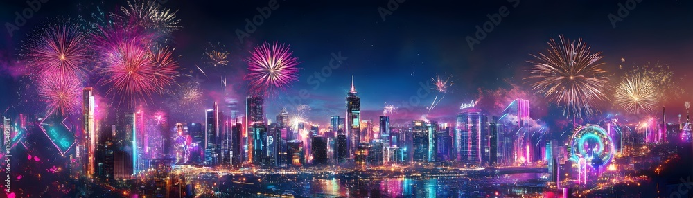 Obraz premium A stunning panoramic view of a vibrant city skyline illuminated by spectacular fireworks, showcasing a blend of modern architecture and festive energy.