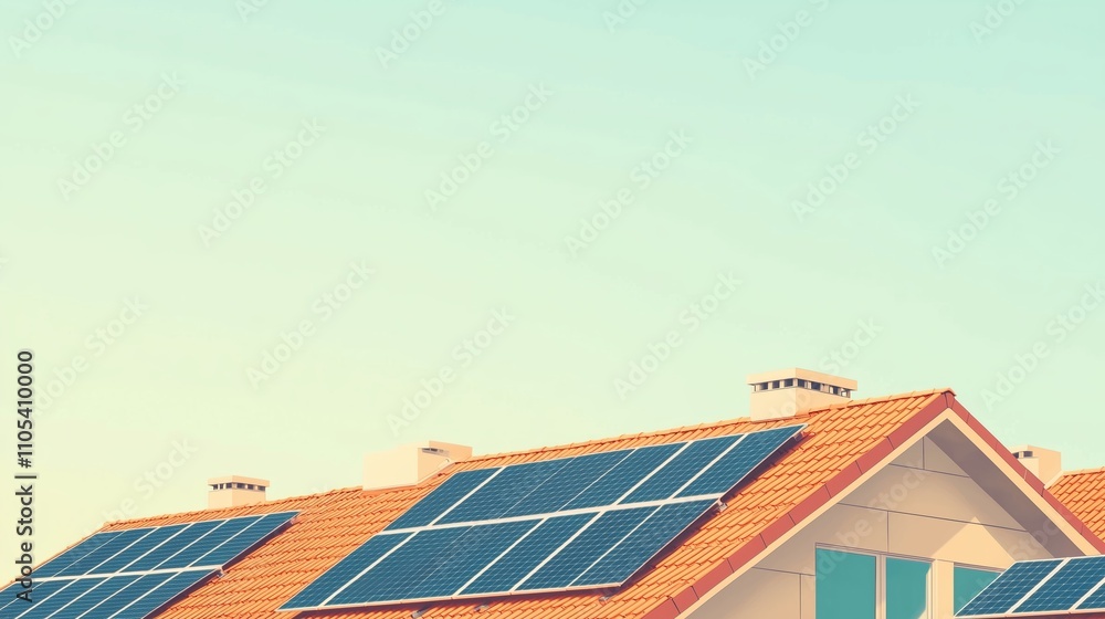 Fototapeta premium Rooftop solar panels with clean lines, absorbing sunlight.