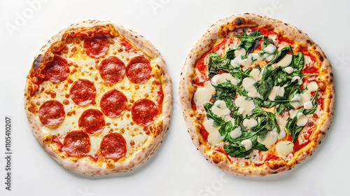 Overhead images of classic margherita and spinach pizzas on white backdrop
