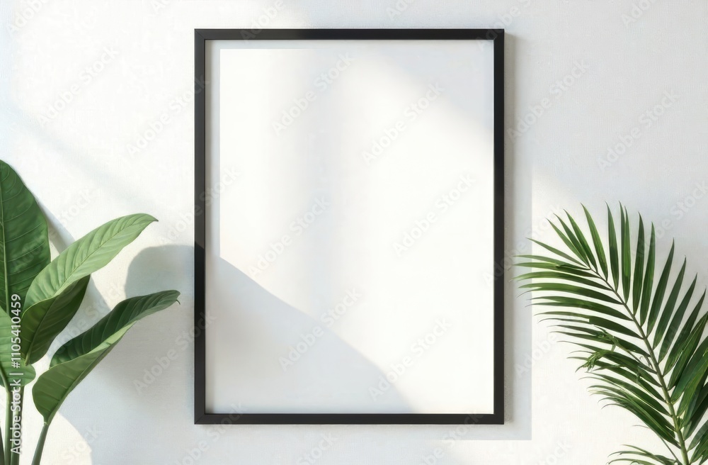 Poster frame mockup, front view, with Tropical leaves palm tree on white background. Template, copy space, mockup Poster frame mockup, front view, with Tropical leaves palm tree on white background. Template, copy space, mockup