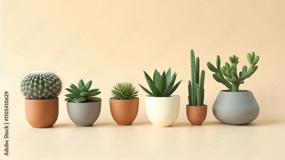 Generative AI, Minimalist Arrangement of Potted Cacti and Succulents in Soft Lighting Generative AI, Minimalist Arrangement of Potted Cacti and Succulents in Soft Lighting