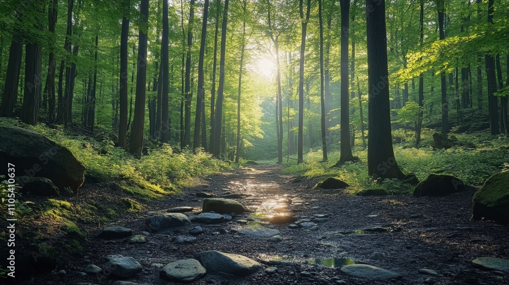 Fototapeta premium Serene forest scene at sunrise. Sunlight filters through lush green trees, illuminating a path with rocks and a small stream.