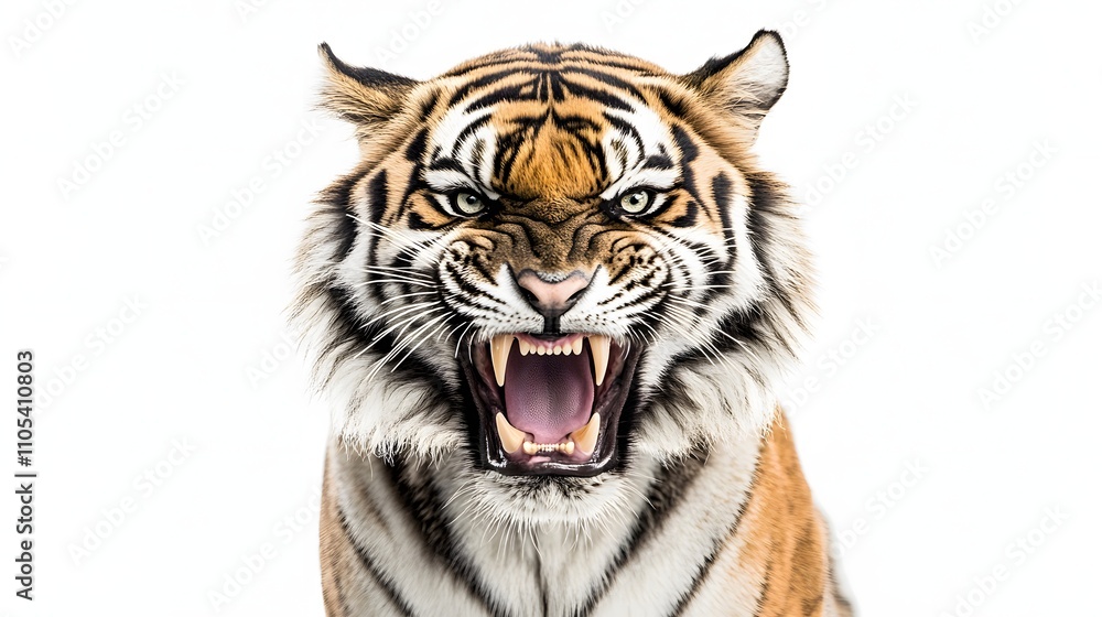 Fototapeta premium A powerful close-up of a tiger, its mouth open in a fierce roar, showcasing its intense gaze and striking orange and black stripes against a clean white background. Wild and majestic.