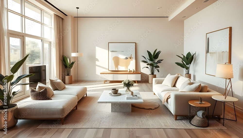 Design a modern, open-concept living room with a cozy and minimalist Design a modern, open-concept living room with a cozy and minimalist