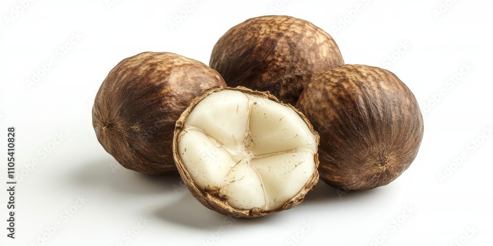 Aleurites moluccanus, commonly known as candlenut, appears with a white background. Candlenut is utilized in Asian cooking as a flavorful spice, characterized by its hard, dark brown skin. Aleurites moluccanus, commonly known as candlenut, appears with a white background. Candlenut is utilized in Asian cooking as a flavorful spice, characterized by its hard, dark brown skin.