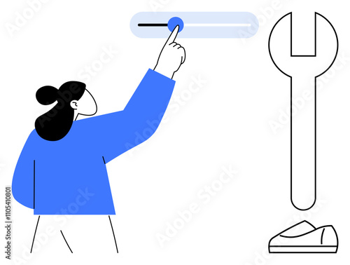 Person in blue adjusts a control slider with a finger beside a large wrench and shoe. Ideal for customization services, maintenance, technical support, DIY projects, system settings, tuning, user
