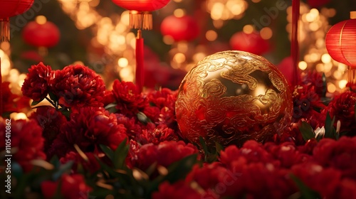 A vibrant display featuring a golden ornament nestled among lush red flowers, illuminated by warm lights and lanterns, symbolizing celebration and cultural richness.