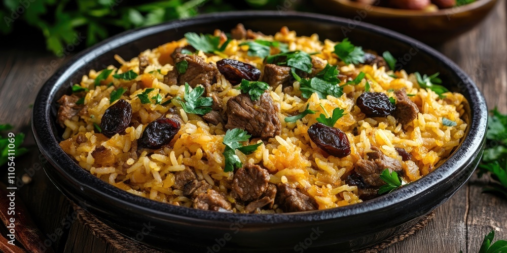 Mutton meat pilaf featuring flavors of dried apricots, prunes, saffron, and sweet garlic creates a delicious dish. This mutton meat pilaf is a flavorful culinary delight worth trying. Mutton meat pilaf featuring flavors of dried apricots, prunes, saffron, and sweet garlic creates a delicious dish. This mutton meat pilaf is a flavorful culinary delight worth trying.