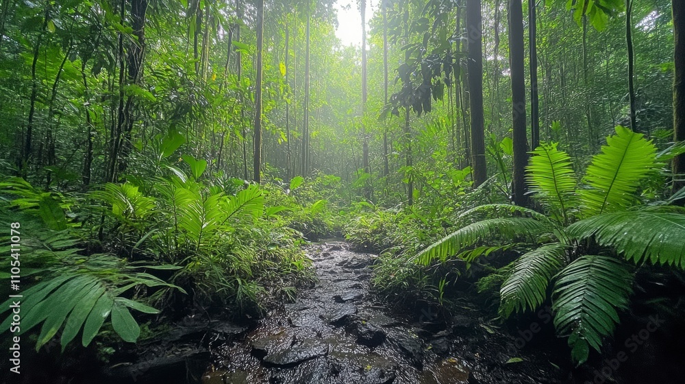 A tranquil rainforest scene. A small creek flows through lush vegetation under a misty canopy of tall trees. A tranquil rainforest scene. A small creek flows through lush vegetation under a misty canopy of tall trees.